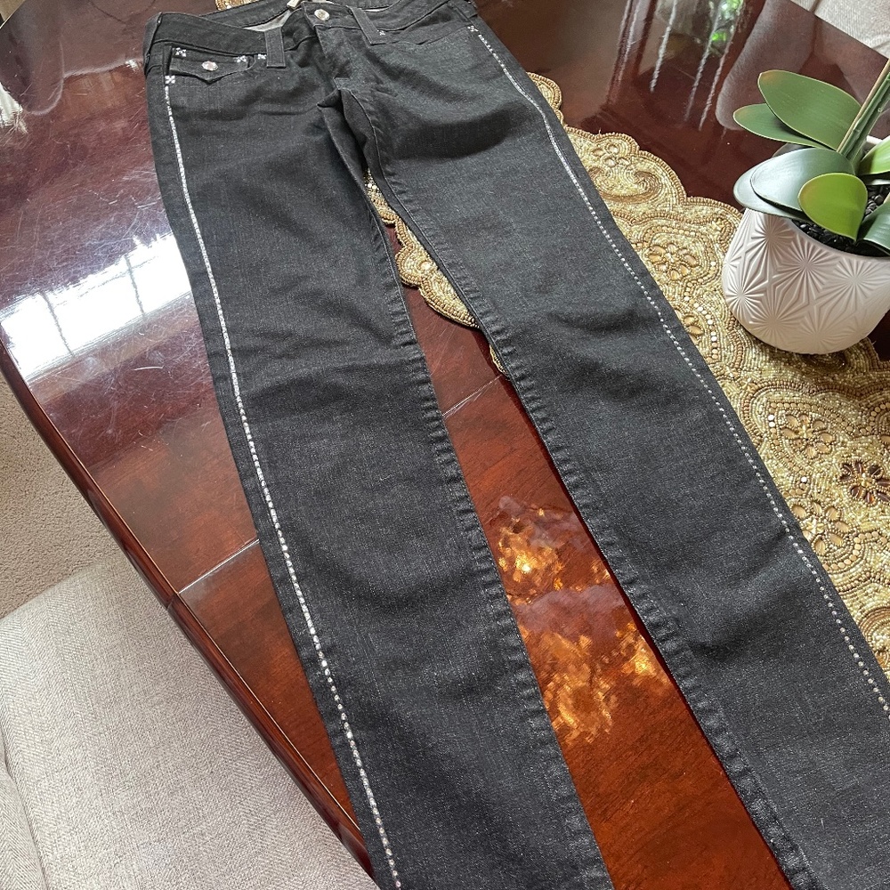 True Religion black skinny jeans rhinestones studded sz 28